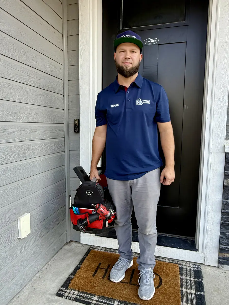 Roman, owner of Appliance Repair & Rescue, arriving with his tool bag